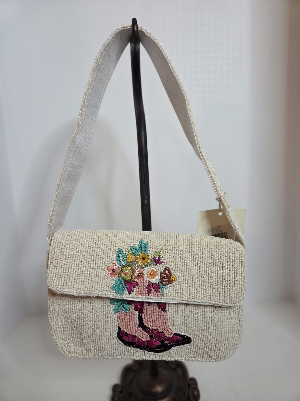 Beaded Ivory Shoulder Bag with Floral Embroidery